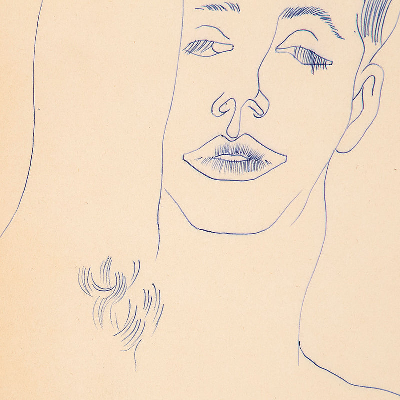 Original Andy Warhol ballpoint pen drawing featuring a man draped over a pillow, his arm resting gently on his forehead as he closes his eyes with a soft gaze. Completed c.1955.