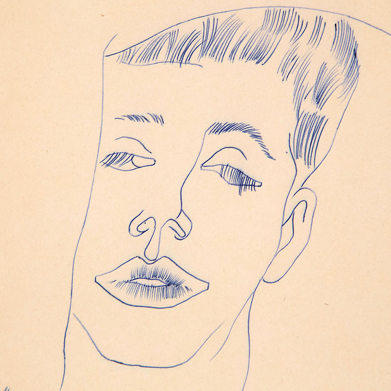 Original Andy Warhol ballpoint pen drawing featuring a man draped over a pillow, his arm resting gently on his forehead as he closes his eyes with a soft gaze. Completed c.1955.