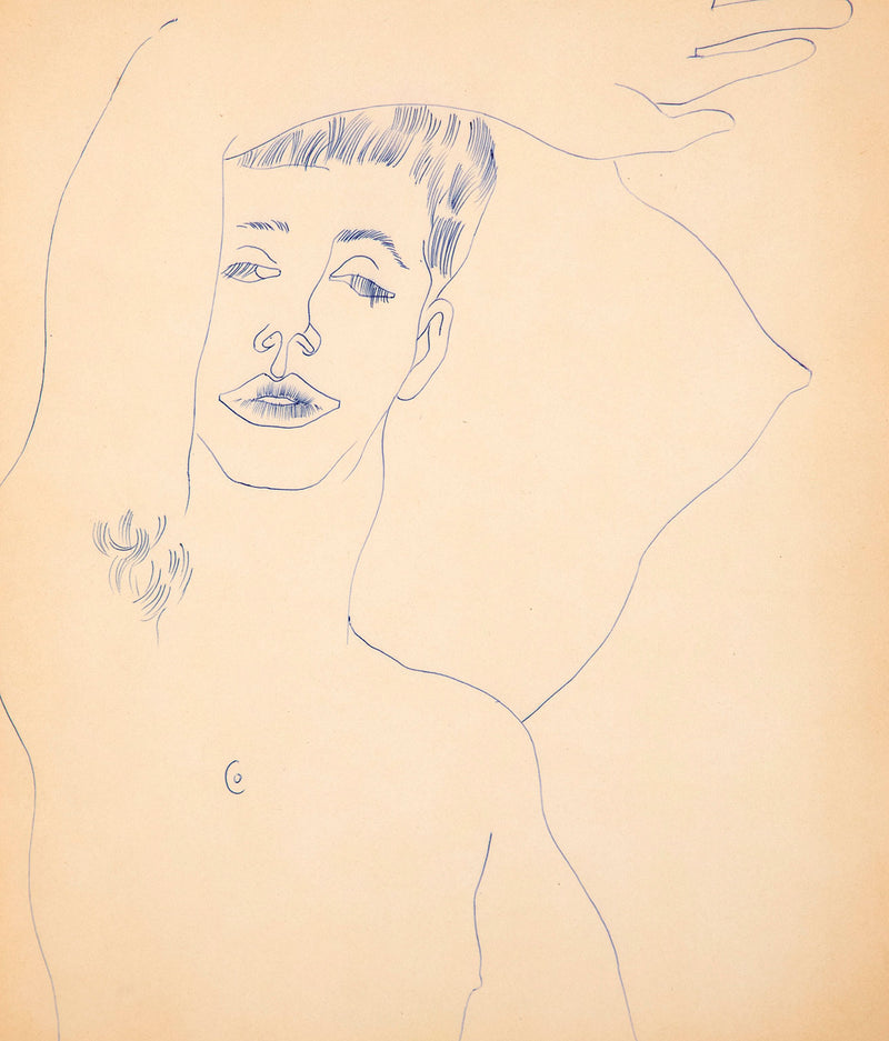 Original Andy Warhol ballpoint pen drawing featuring a man draped over a pillow, his arm resting gently on his forehead as he closes his eyes with a soft gaze.  Completed c.1955.