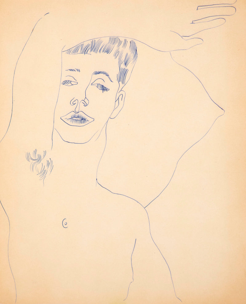 Original Andy Warhol ballpoint pen drawing featuring a man draped over a pillow, his arm resting gently on his forehead as he closes his eyes with a soft gaze. Completed c.1955.