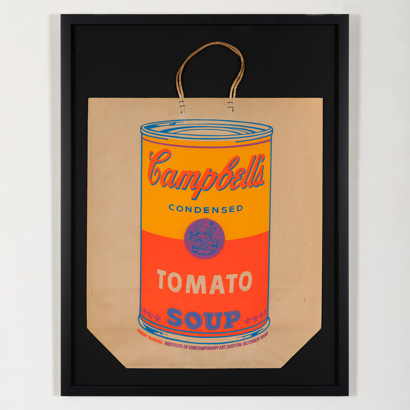 andy warhol soup can bag silkscreen 1966 ica boston institute of contemporary art boston 1966 andy warhol shopping bag campbells soup print multiple serigraph screenprint silkscreen iconic warhol print framed