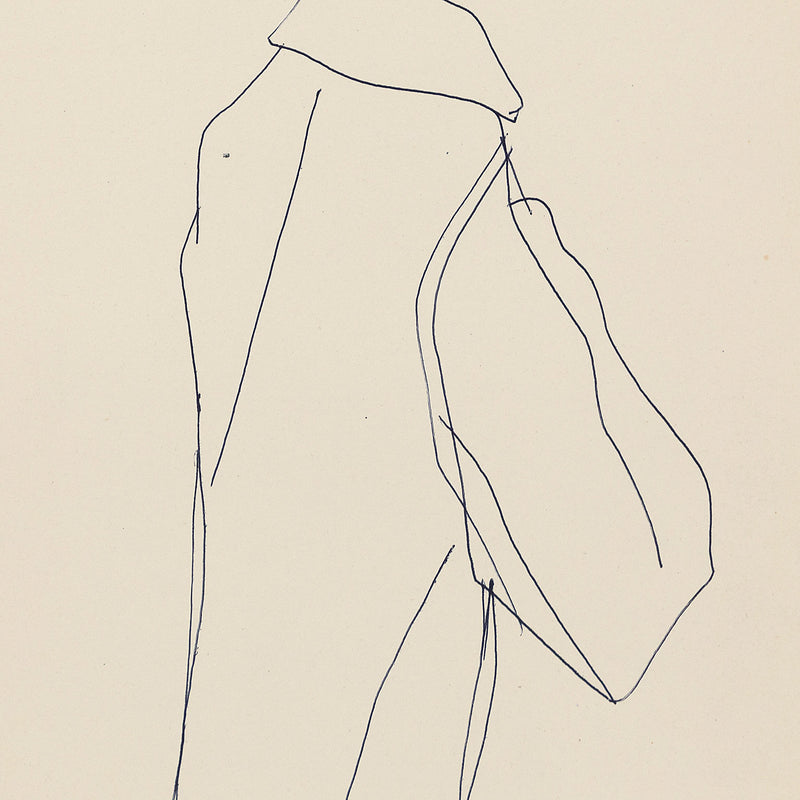 Andy Warhol "Famous Raincoat" c. 1955. Ballpoint pen line drawing featuring a woman in a raincoat, serving as a great example of Andy Warhol's pre-Pop fashion illustration.