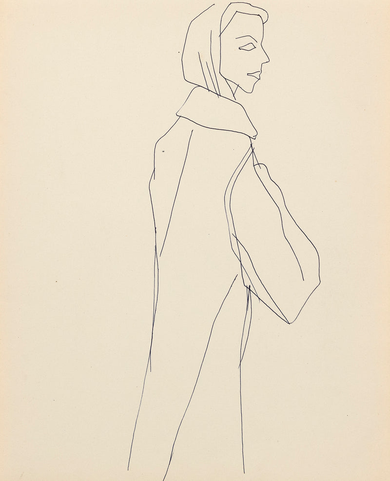 Andy Warhol "Famous Raincoat" c. 1955. Ballpoint pen line drawing featuring a woman in a raincoat, serving as a great example of Andy Warhol's pre-Pop fashion illustration.