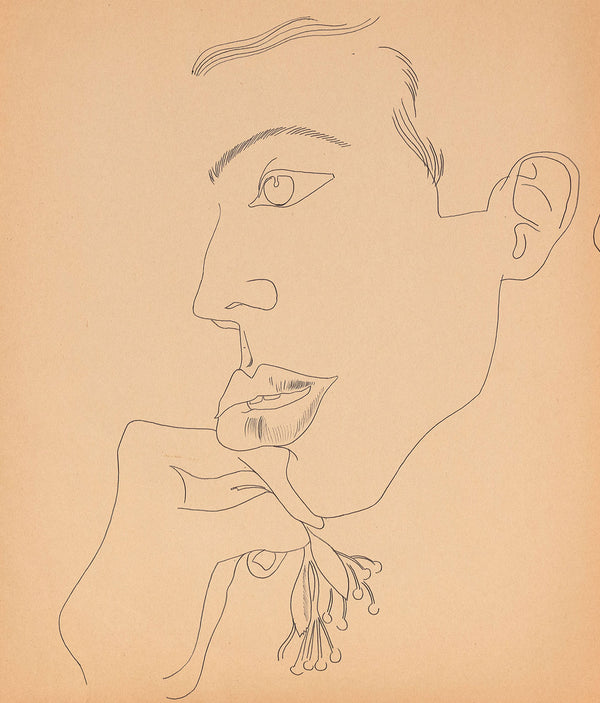 Andy Warhol "Young Man with Flower" Drawing, 1955. Unique ballpoint pen portrait of a man by famous American artist, Andy Warhol. 
