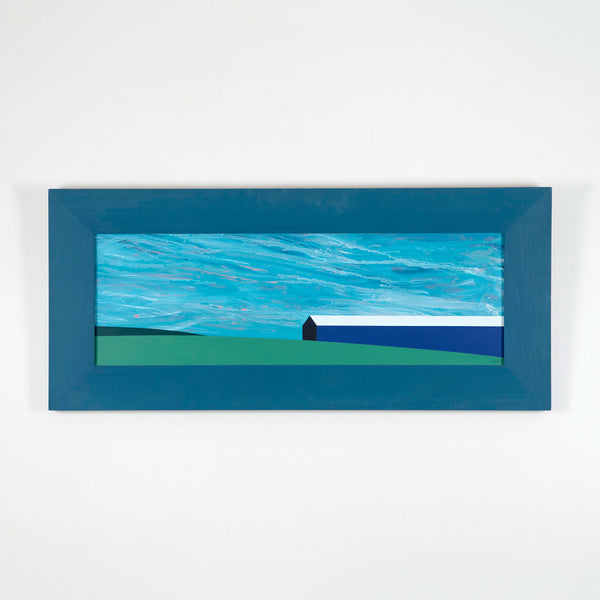 Charles Pachter barn painting featuring a rich palette of royal blue, turquoise, navy, cornflower, and a hint of salmon to depict a broad swath of sky. Completed in 2004.