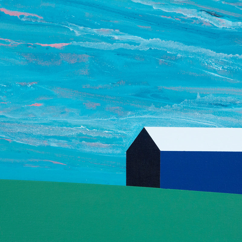 Charles Pachter barn painting featuring a rich palette of royal blue, turquoise, navy, cornflower, and a hint of salmon to depict a broad swath of sky. Completed in 2004.