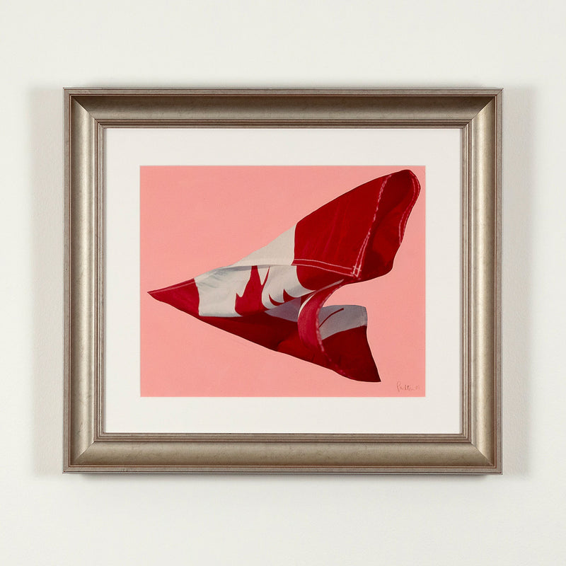 Charles Pachter "Pink Preparatory Flag", 1981. Set on a pink handpainted background, this work on paper features a photograph of the Canadian flag blowing in the wind.