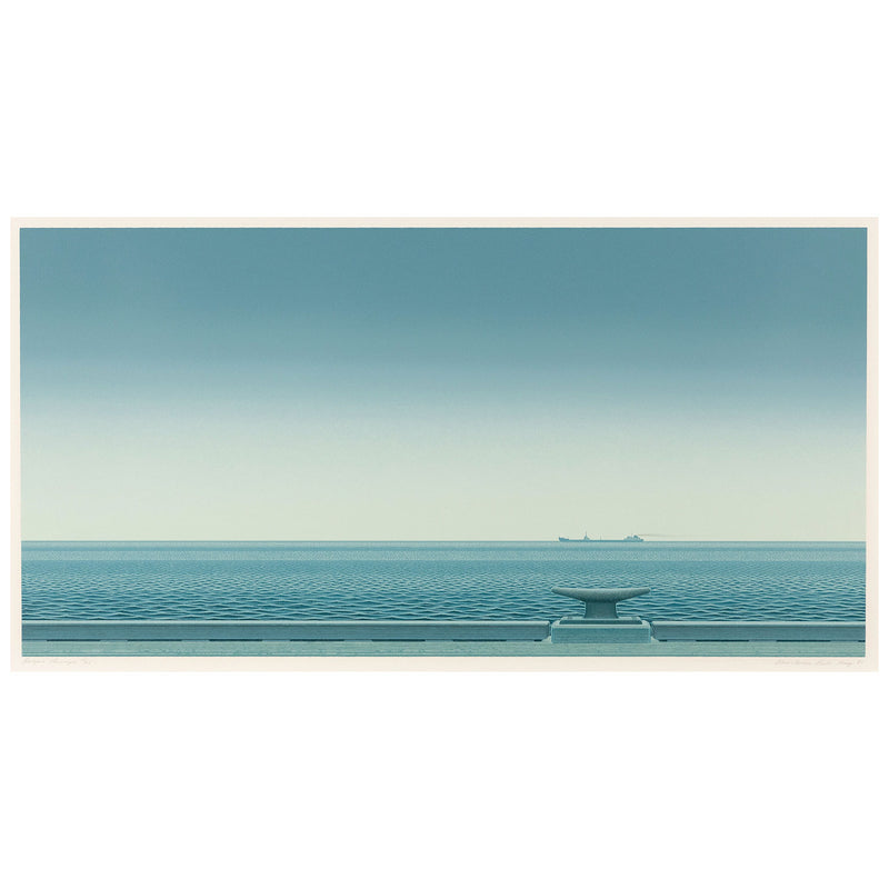 Christopher Pratt "Gaspe Passage" Color lithograph, 1981. Serene Canadian landscape art created by famous painter, Christopher Pratt. This print features a striking Quebec shoreline and showcases Pratt's captivating realist and minimalist aesthetic.