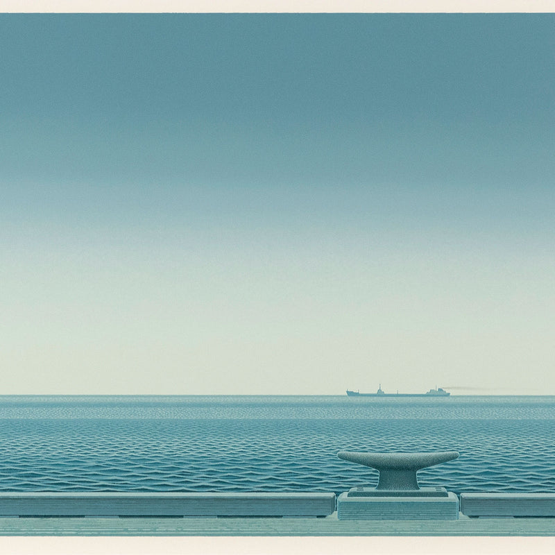 Christopher Pratt "Gaspe Passage" Color lithograph, 1981. Serene Canadian landscape art created by famous painter, Christopher Pratt. This print features a striking Quebec shoreline and showcases Pratt's captivating realist and minimalist aesthetic.
