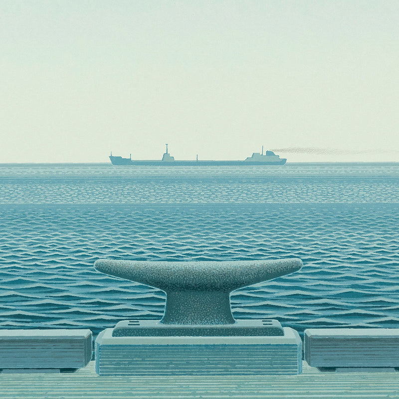 Christopher Pratt "Gaspe Passage" Color lithograph, 1981. Serene Canadian landscape art created by famous painter, Christopher Pratt. This print features a striking Quebec shoreline and showcases Pratt's captivating realist and minimalist aesthetic.
