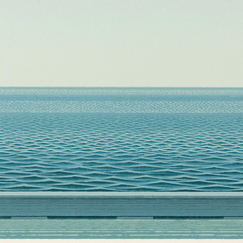 Christopher Pratt "Gaspe Passage" Color lithograph, 1981. Serene Canadian landscape art created by famous painter, Christopher Pratt. This print features a striking Quebec shoreline and showcases Pratt's captivating realist and minimalist aesthetic.