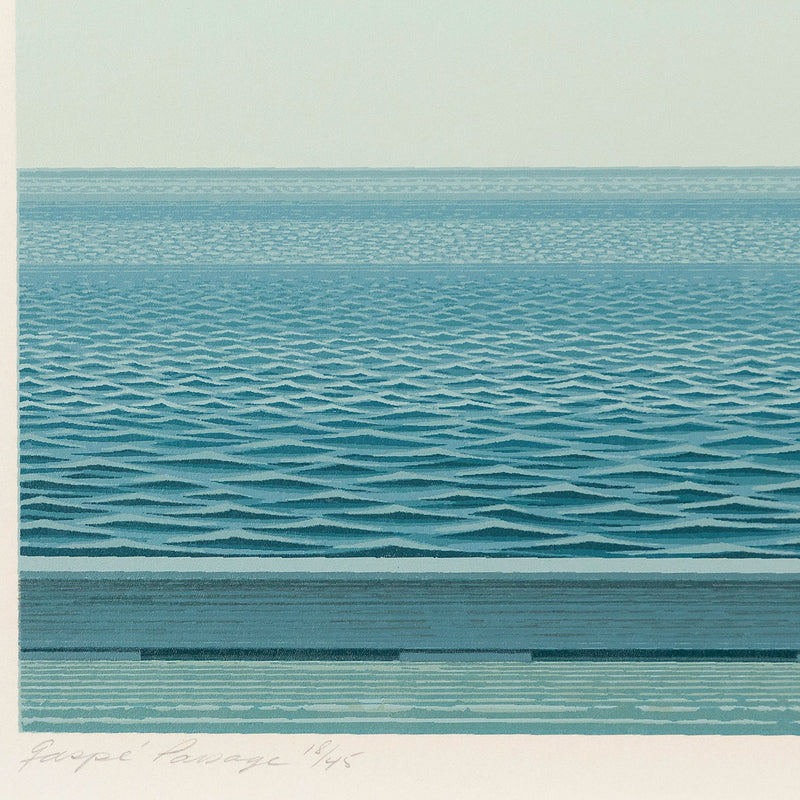 Christopher Pratt "Gaspe Passage" Color lithograph, 1981. Serene Canadian landscape art created by famous painter, Christopher Pratt. This print features a striking Quebec shoreline and showcases Pratt's captivating realist and minimalist aesthetic.