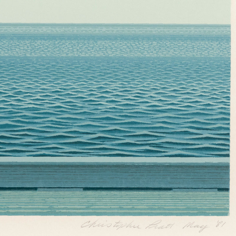 Christopher Pratt "Gaspe Passage" Color lithograph, 1981. Serene Canadian landscape art created by famous painter, Christopher Pratt. This print features a striking Quebec shoreline and showcases Pratt's captivating realist and minimalist aesthetic.