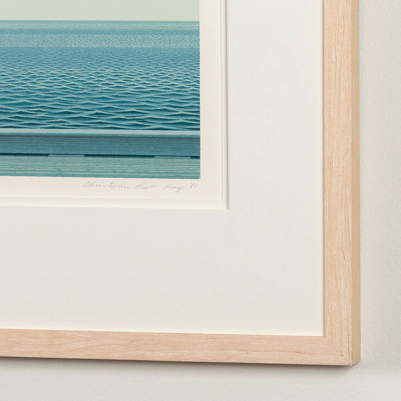 Christopher Pratt "Gaspe Passage" Color lithograph, 1981. Serene Canadian landscape art created by famous painter, Christopher Pratt. This print features a striking Quebec shoreline and showcases Pratt's captivating realist and minimalist aesthetic.