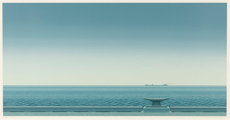 Christopher Pratt "Gaspe Passage" Color lithograph, 1981. Serene Canadian landscape art created by famous painter, Christopher Pratt. This print features a striking Quebec shoreline and showcases Pratt's captivating realist and minimalist aesthetic.
