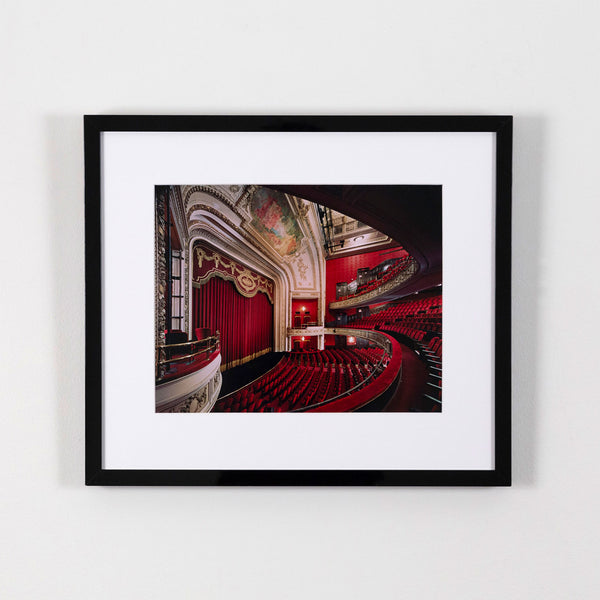 Edward Burtynsky "The Royal Alexandra Theatre Portfolio, 2007” Canada, 2007 Chromogenic print. Shot with a steep lateral perspective from the audience's point of view, this photograph showcases some of the theatre's most lustrous details including the exclusive mezzanine, the ornate proscenium arch, and the delicate mural that hovers above the stage.
