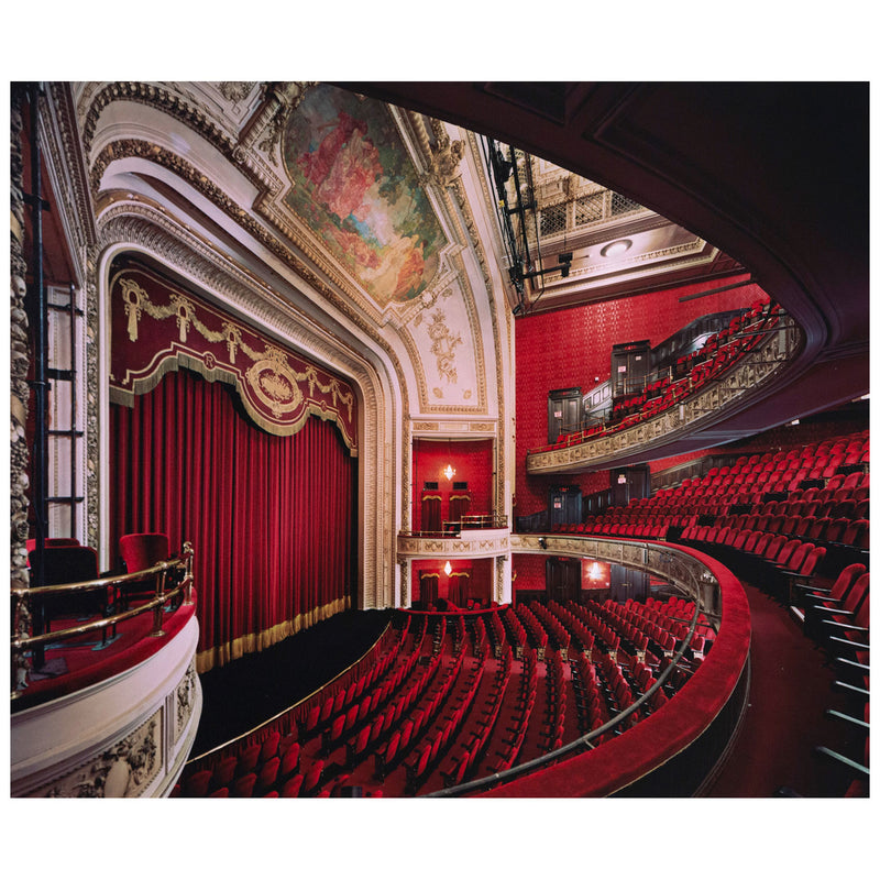 Edward Burtynsky "The Royal Alexandra Theatre Portfolio, 2007” Canada, 2007 Chromogenic print. Shot with a steep lateral perspective from the audience's point of view, this photograph showcases some of the theatre's most lustrous details including the exclusive mezzanine, the ornate proscenium arch, and the delicate mural that hovers above the stage.