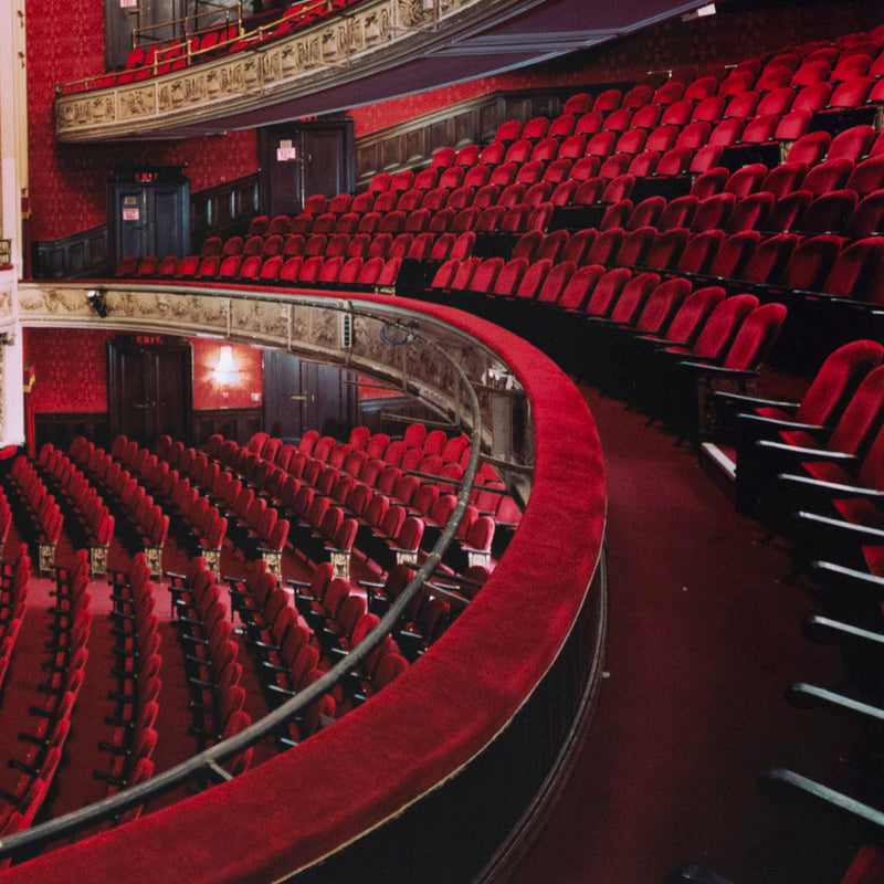 Edward Burtynsky "The Royal Alexandra Theatre Portfolio, 2007” Canada, 2007 Chromogenic print. Shot with a steep lateral perspective from the audience's point of view, this photograph showcases some of the theatre's most lustrous details including the exclusive mezzanine, the ornate proscenium arch, and the delicate mural that hovers above the stage.
