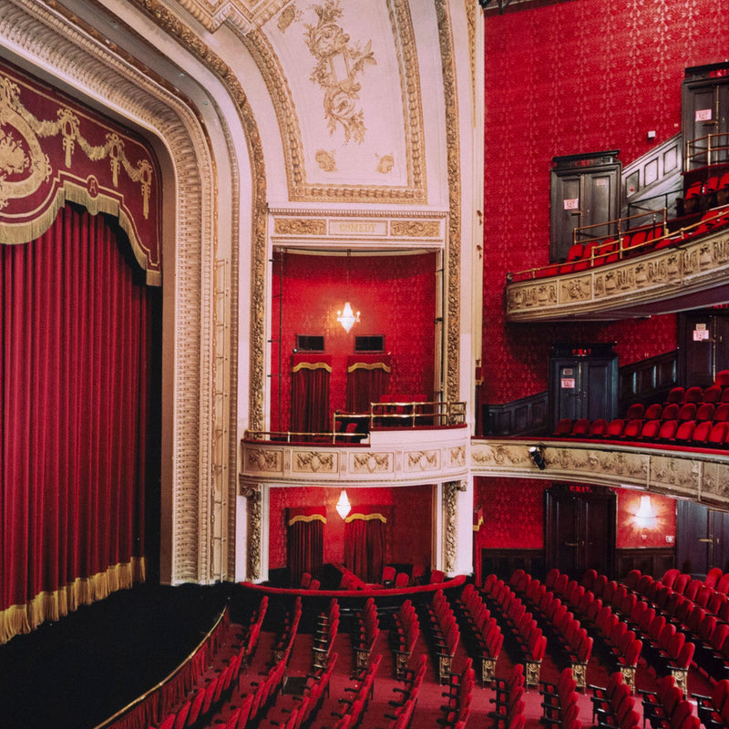 Edward Burtynsky "The Royal Alexandra Theatre Portfolio, 2007” Canada, 2007 Chromogenic print. Shot with a steep lateral perspective from the audience's point of view, this photograph showcases some of the theatre's most lustrous details including the exclusive mezzanine, the ornate proscenium arch, and the delicate mural that hovers above the stage.