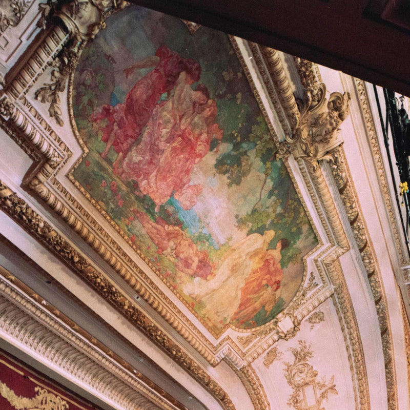Edward Burtynsky "The Royal Alexandra Theatre Portfolio, 2007” Canada, 2007 Chromogenic print. Shot with a steep lateral perspective from the audience's point of view, this photograph showcases some of the theatre's most lustrous details including the exclusive mezzanine, the ornate proscenium arch, and the delicate mural that hovers above the stage.
