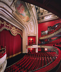 Edward Burtynsky "The Royal Alexandra Theatre Portfolio, 2007” Canada, 2007  Chromogenic print. Shot with a steep lateral perspective from the audience's point of view, this photograph showcases some of the theatre's most lustrous details including the exclusive mezzanine, the ornate proscenium arch, and the delicate mural that hovers above the stage. 