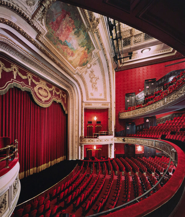 Edward Burtynsky "The Royal Alexandra Theatre Portfolio, 2007” Canada, 2007  Chromogenic print. Shot with a steep lateral perspective from the audience's point of view, this photograph showcases some of the theatre's most lustrous details including the exclusive mezzanine, the ornate proscenium arch, and the delicate mural that hovers above the stage. 