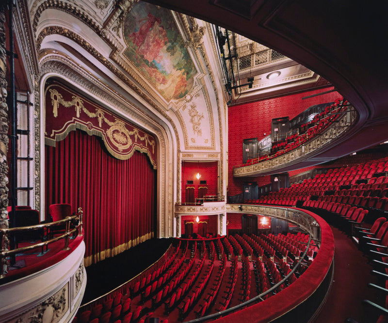 Edward Burtynsky "The Royal Alexandra Theatre Portfolio, 2007” Canada, 2007 Chromogenic print. Shot with a steep lateral perspective from the audience's point of view, this photograph showcases some of the theatre's most lustrous details including the exclusive mezzanine, the ornate proscenium arch, and the delicate mural that hovers above the stage.