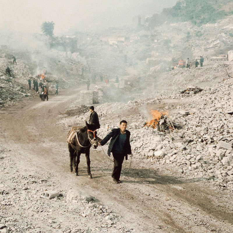 Shot in 2002, Canadian photographer Edward Burtynsky, captures "Feng Jie #5". Depicting a demolished landscape, the photograph is marked by piles of rubble and a dusty haze that obscures the background. Centered in the middle of the work is a man leading his donkey down a dirt road amidst the destruction.