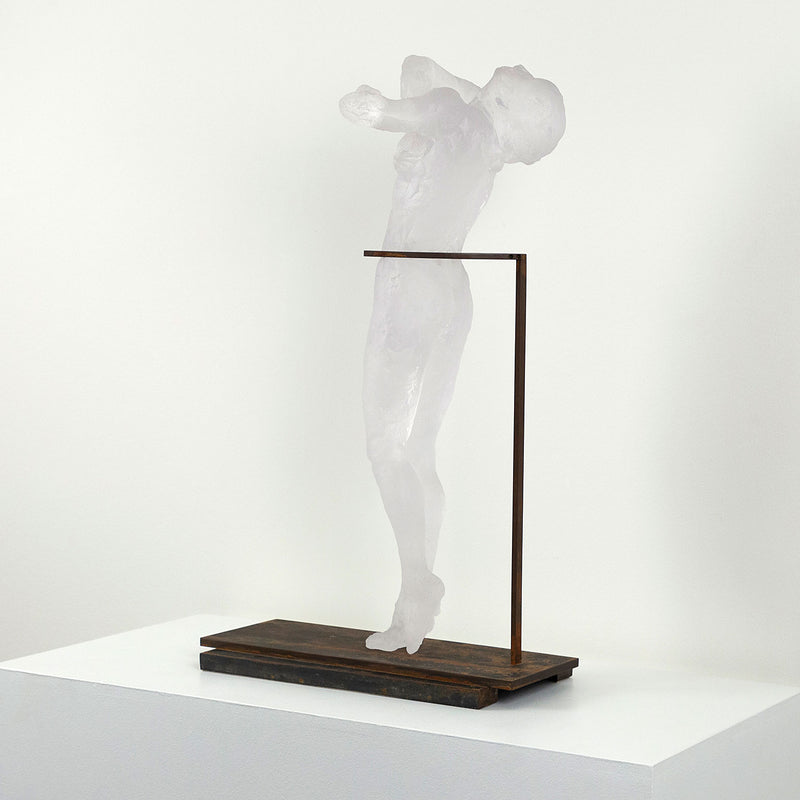 "Arching Women" is an exceptional example of Eric Fischl's sculpture. This brilliant work captures a nude woman poised on her toes, her head thrown back and elbows raised in the air. Completed in glass, "Arching Women" shares the delicate and ethereal qualities found in Fischl's watercolor painting, both of which demonstrate his profound mastery of light against the human form.