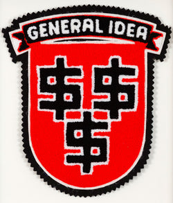 General Idea "Lucre" Chenille Crest, 1989. Editioned textile art by famous Canadian artist trio, which features three dollar signs set against a florescent red background.