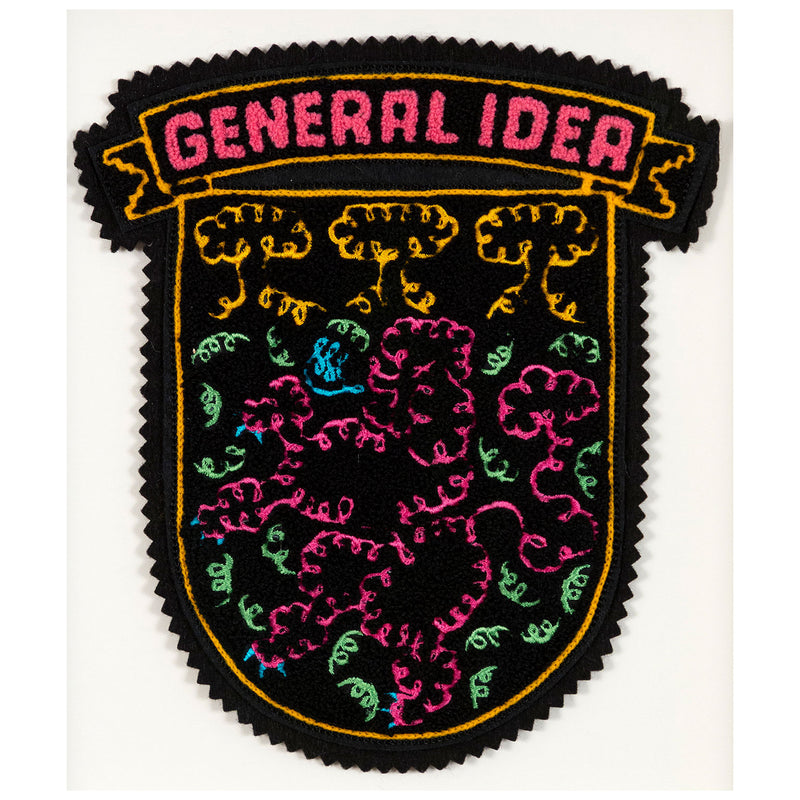 General Idea "When Fur Flies" Chenille crest, 1988. Embroidered crest featuring a whimsical poodle silhouette in neon shades of orange, pink, and blue.