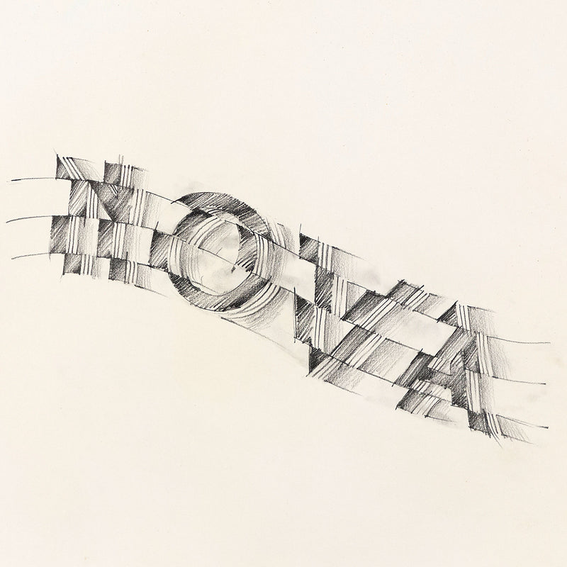 General Idea "Nova" Graphite pencil drawing, 1973. In this work, the word 'Nova' is stretched diagonally across the page and fragmented by three horizontal lines that run through the letters. The lines divide the letters into four segments, creating varying perspectives at each intersection and an unexpected graphic appeal.