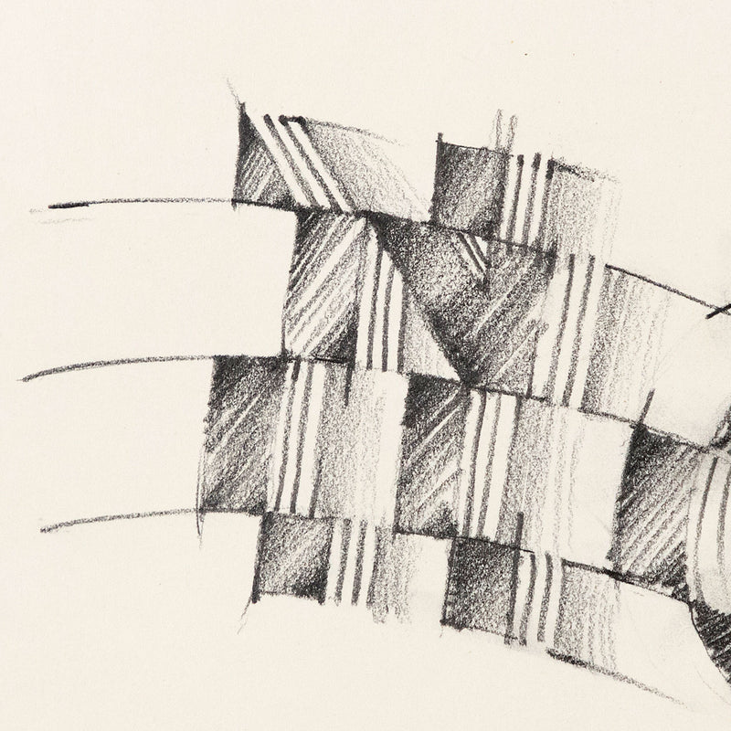 General Idea "Nova" Graphite pencil drawing, 1973. In this work, the word 'Nova' is stretched diagonally across the page and fragmented by three horizontal lines that run through the letters. The lines divide the letters into four segments, creating varying perspectives at each intersection and an unexpected graphic appeal.