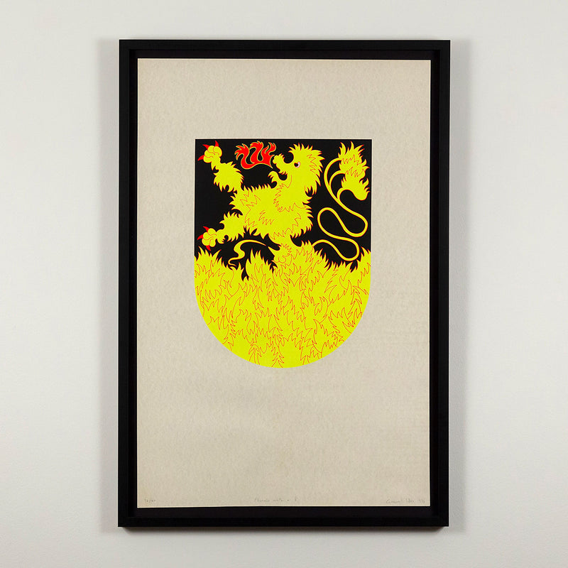 "Pheonix with a P", 1989 silkscreen print completed by Famous Canadian artist General Idea. This important editioned print features an emblazoned tiger / dragon hybrid, executed in vibrant shades of florescent yellow and red. This framed artwork is available for sale in Toronto.