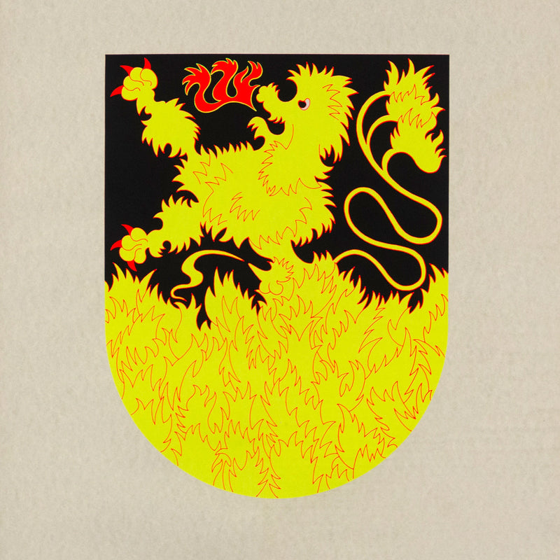 "Pheonix with a P", 1989 silkscreen print completed by Famous Canadian artist General Idea. This important editioned print features an emblazoned tiger / dragon hybrid, executed in vibrant shades of florescent yellow and red. 
