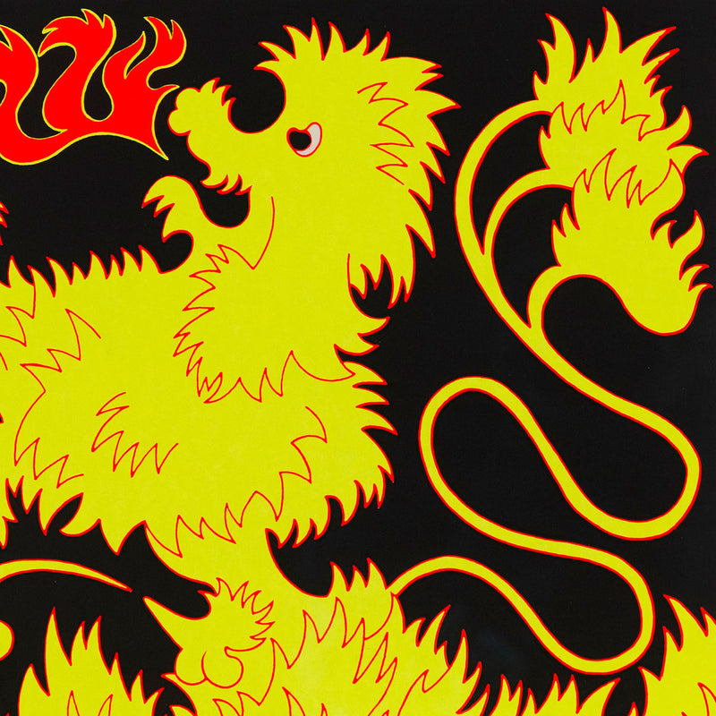 "Pheonix with a P", 1989 silkscreen print completed by Famous Canadian artist General Idea. This important editioned print features an emblazoned tiger / dragon hybrid, executed in vibrant shades of florescent yellow and red. 