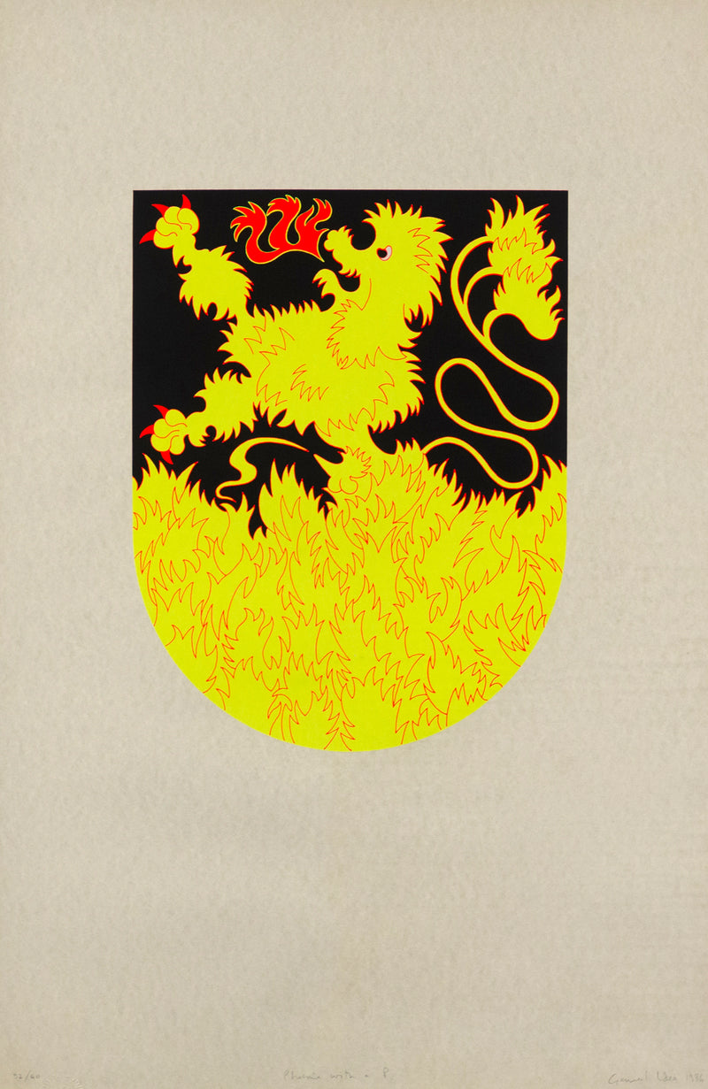 "Pheonix with a P", 1989 silkscreen print completed by Famous Canadian artist General Idea. This important editioned print features an emblazoned tiger / dragon hybrid, executed in vibrant shades of florescent yellow and red. 