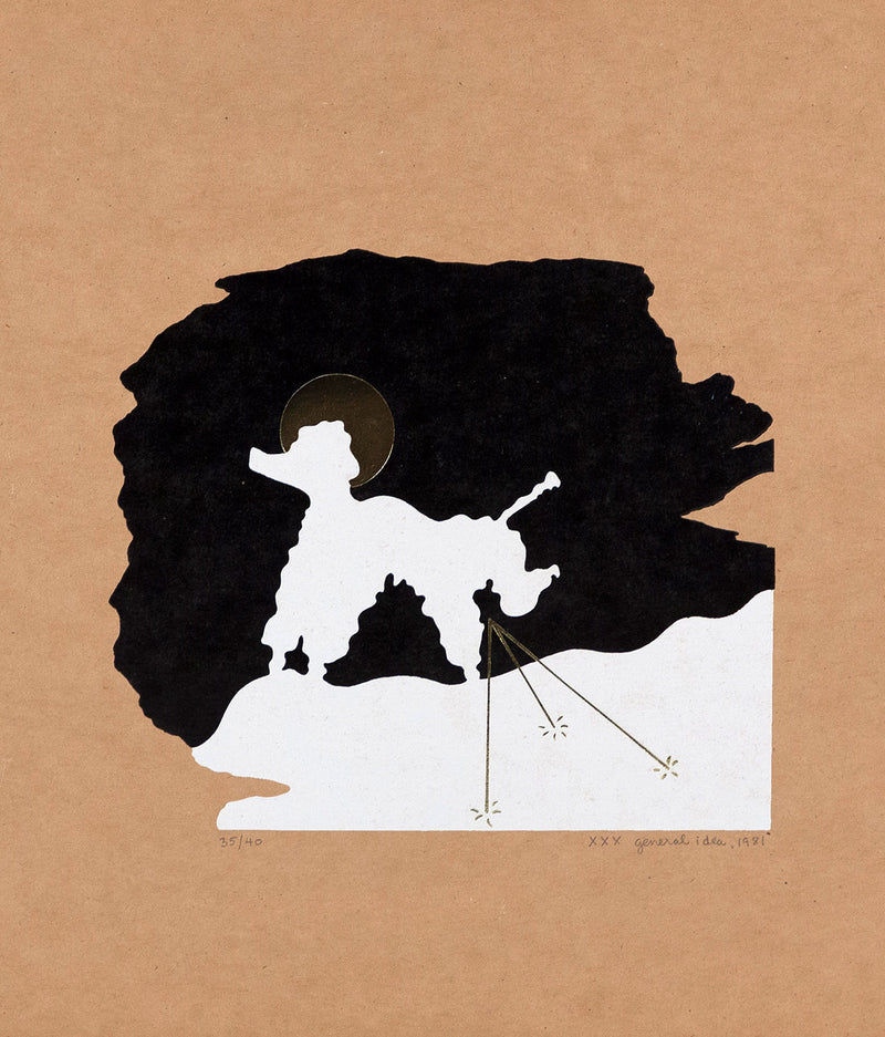 General Idea "A Poodle Creates a Portrait of General Idea as Three Pee Holes in the Snow"  Offset and gold hot-stamping on paper. Canada, 1981.
