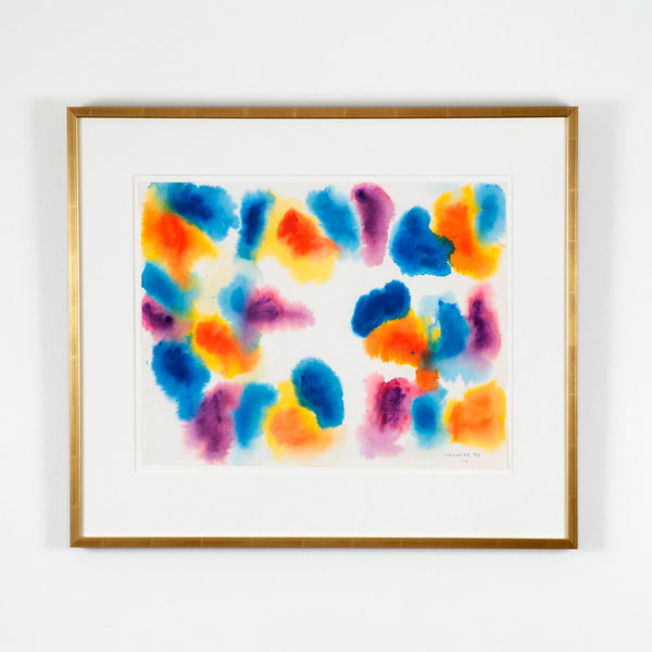 Gershon Iskowitz watercolor painting, 1977. This painting joyfully presents large merging forms of his favorite colors of the era; navy blue and aqua, lemon yellow, and cinnabar red. The entire surface is nearly taken over by these swelling bursts of color, a true celebration of color and medium.
