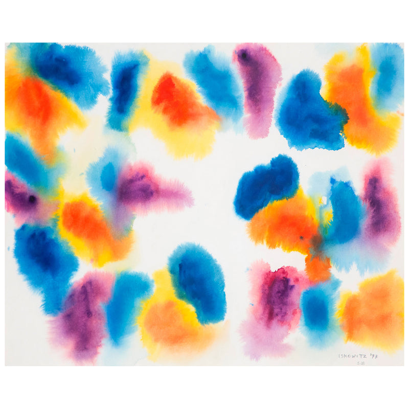 Gershon Iskowitz watercolor painting, 1977. This painting joyfully presents large merging forms of his favorite colors of the era; navy blue and aqua, lemon yellow, and cinnabar red. The entire surface is nearly taken over by these swelling bursts of color, a true celebration of color and medium.