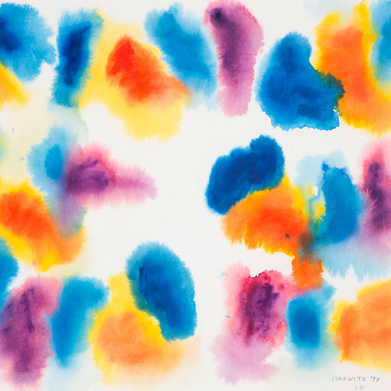 Gershon Iskowitz watercolor painting, 1977. This painting joyfully presents large merging forms of his favorite colors of the era; navy blue and aqua, lemon yellow, and cinnabar red. The entire surface is nearly taken over by these swelling bursts of color, a true celebration of color and medium.