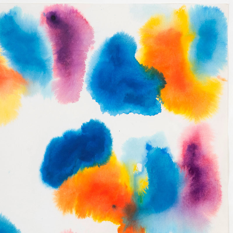 Gershon Iskowitz watercolor painting, 1977. This painting joyfully presents large merging forms of his favorite colors of the era; navy blue and aqua, lemon yellow, and cinnabar red. The entire surface is nearly taken over by these swelling bursts of color, a true celebration of color and medium.