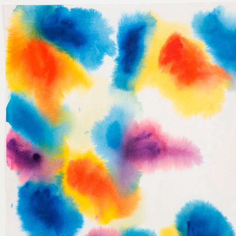 Gershon Iskowitz watercolor painting, 1977. This painting joyfully presents large merging forms of his favorite colors of the era; navy blue and aqua, lemon yellow, and cinnabar red. The entire surface is nearly taken over by these swelling bursts of color, a true celebration of color and medium.