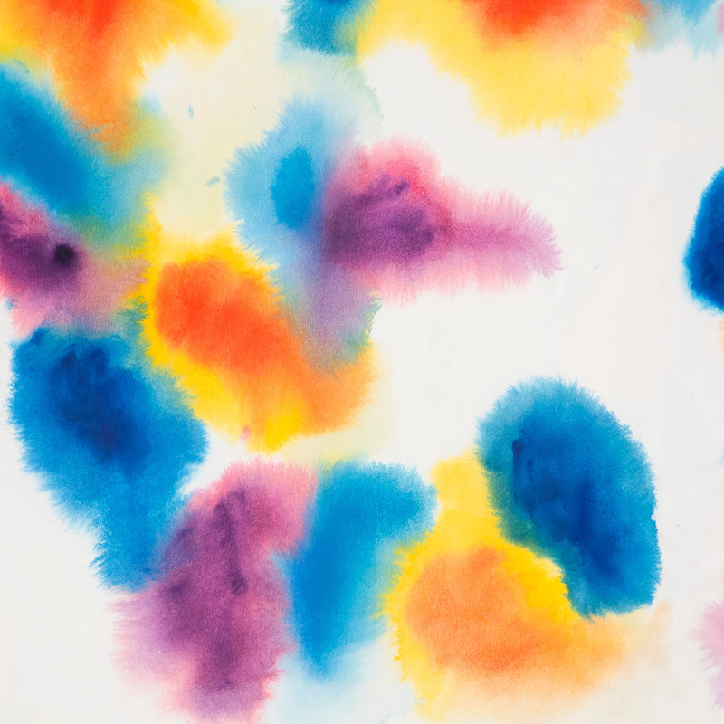Gershon Iskowitz watercolor painting, 1977. This painting joyfully presents large merging forms of his favorite colors of the era; navy blue and aqua, lemon yellow, and cinnabar red. The entire surface is nearly taken over by these swelling bursts of color, a true celebration of color and medium.