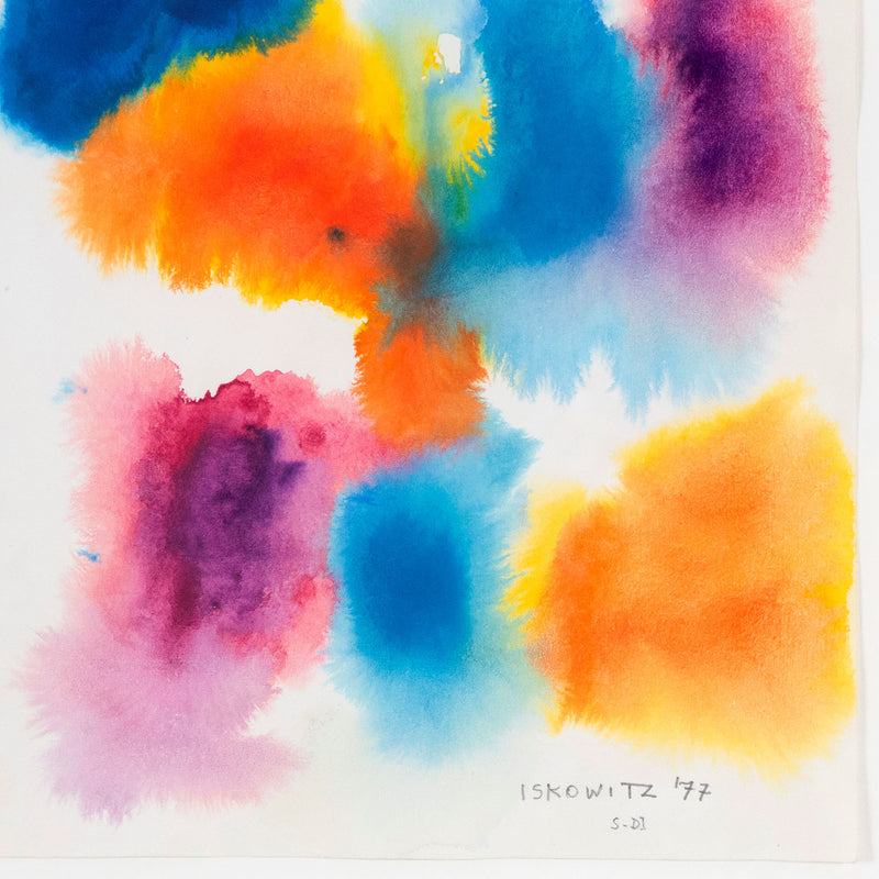 Gershon Iskowitz watercolor painting, 1977. This painting joyfully presents large merging forms of his favorite colors of the era; navy blue and aqua, lemon yellow, and cinnabar red. The entire surface is nearly taken over by these swelling bursts of color, a true celebration of color and medium.