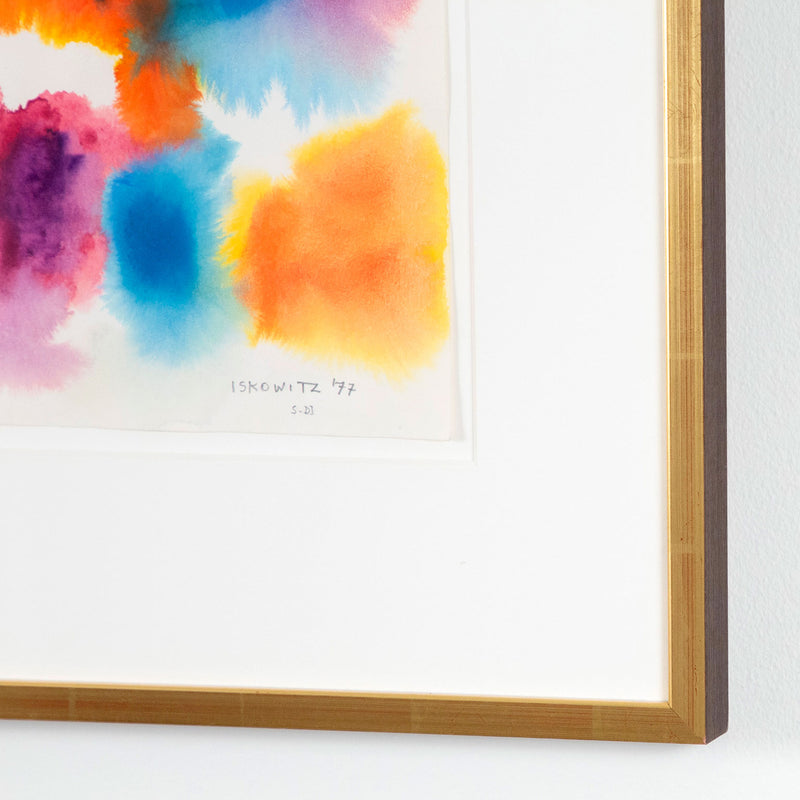 Gershon Iskowitz watercolor painting, 1977. This painting joyfully presents large merging forms of his favorite colors of the era; navy blue and aqua, lemon yellow, and cinnabar red. The entire surface is nearly taken over by these swelling bursts of color, a true celebration of color and medium.