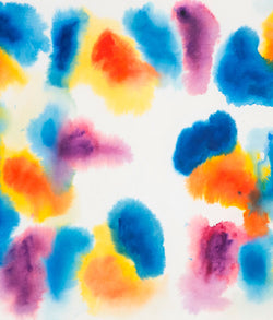 Gershon Iskowitz watercolor painting, 1977. This painting joyfully presents large merging forms of his favorite colors of the era; navy blue and aqua, lemon yellow, and cinnabar red. The entire surface is nearly taken over by these swelling bursts of color, a true celebration of color and medium. 