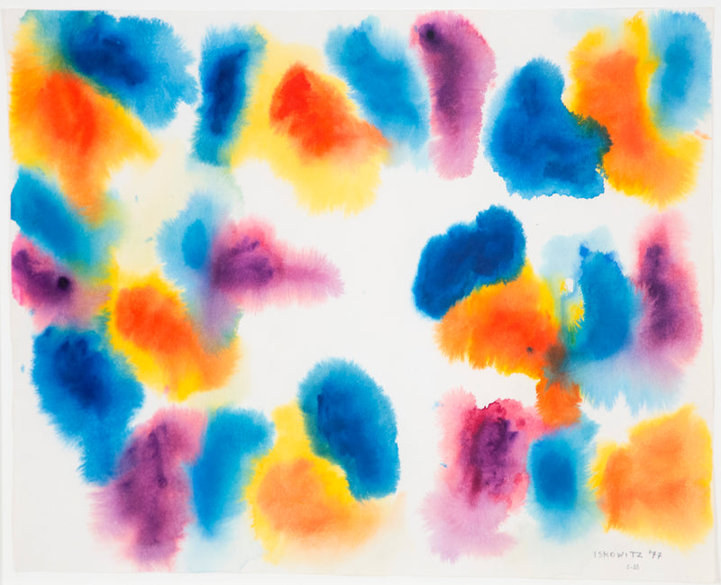 Gershon Iskowitz watercolor painting, 1977. This painting joyfully presents large merging forms of his favorite colors of the era; navy blue and aqua, lemon yellow, and cinnabar red. The entire surface is nearly taken over by these swelling bursts of color, a true celebration of color and medium.