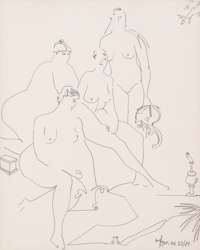 Famous Canadian art Harold Town demonstrates his talent as a draughtsman in this delicate 1984 original line drawing.