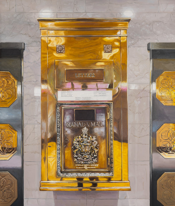 Joanne Tod Mailbox 2024 painting oil on linen canadian artist joanne tod feminist artist joanne tod canada post royal mail in canada canada mail mailbox gold old building toronto architecture toronto lobby gold painting collect canadian art buy canadian